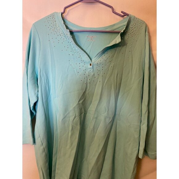 Studio Works Plus Size 1X Womens Plus Size Teal Vneck Shirt Top Blouse Sparkle - Picture 1 of 2